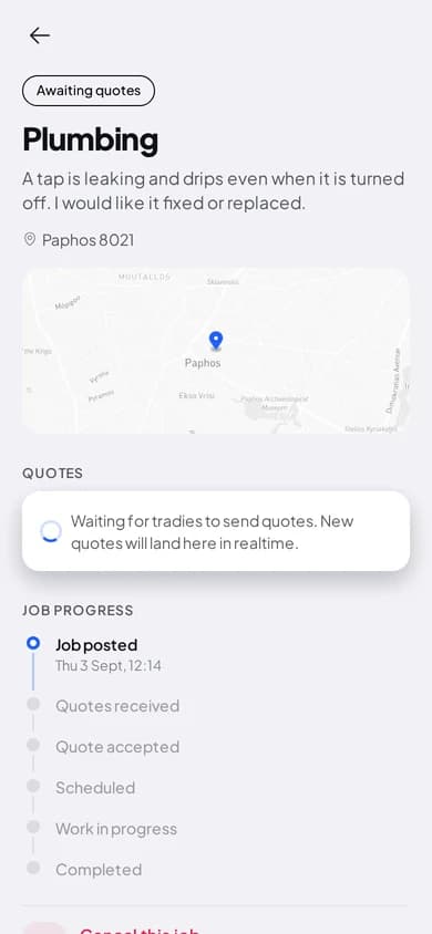 A Swiftee job page showing quotes, the timeline and the chat