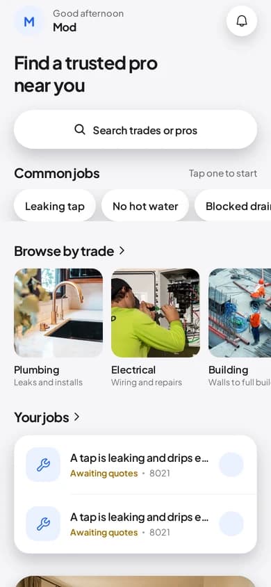 Swiftee customer home screen with common jobs and a Post a job button