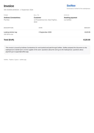 A generated Swiftee invoice for a completed job