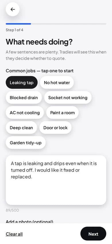 Posting a job in Swiftee: describe the problem, add a photo, pick the trade