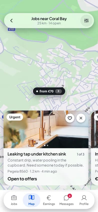 Swiftee tradie map with jobs shown as price pills and a job card